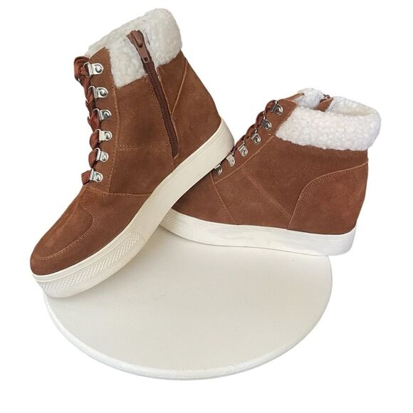 Steve Madden Lakes Wedge Sneaker Faux Fur Sherpa Trim Cognac Suede 8.5M Women's - Picture 11 of 13